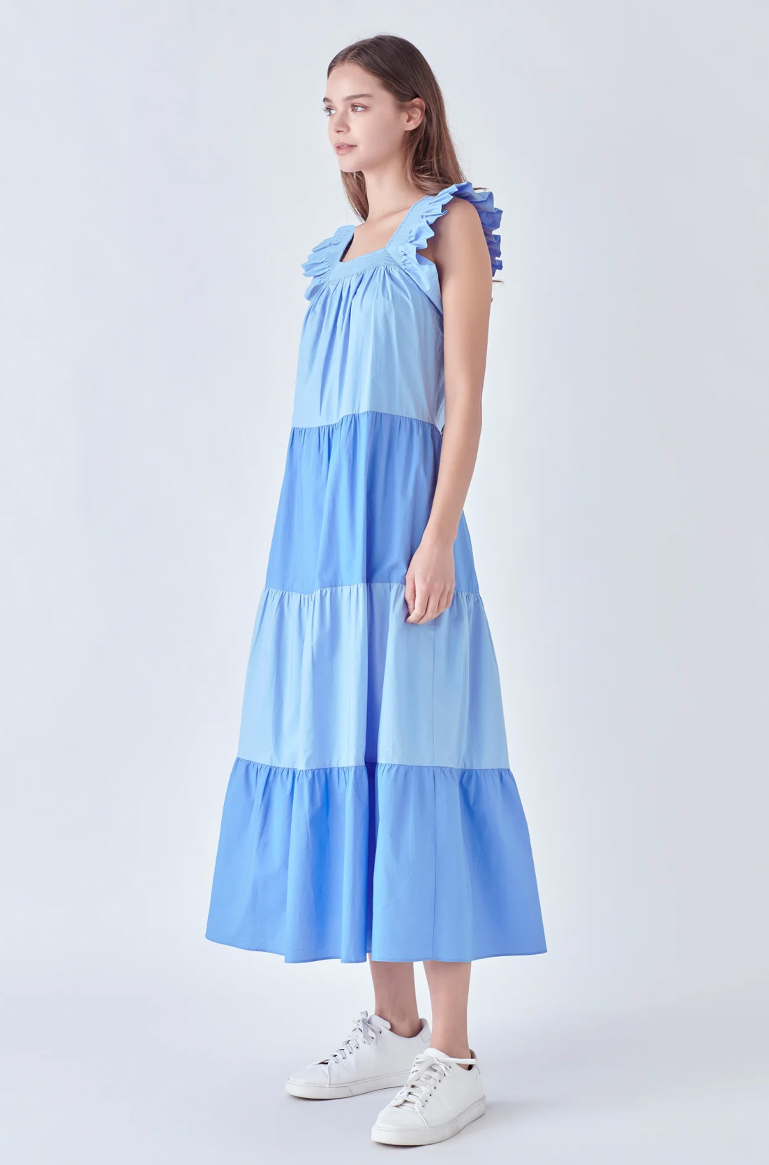 English Factory Ruffle Detail Colorblock Midi Dress