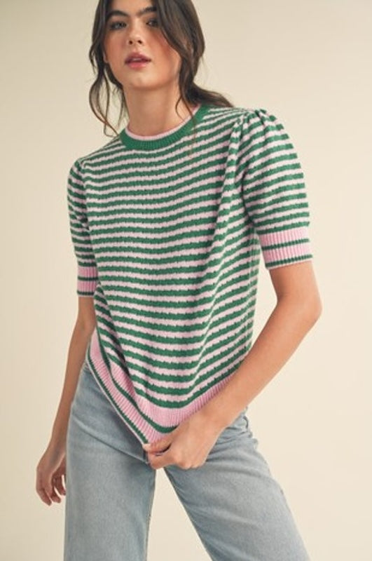 Striped Pointelle Puff Sleeve Sweater